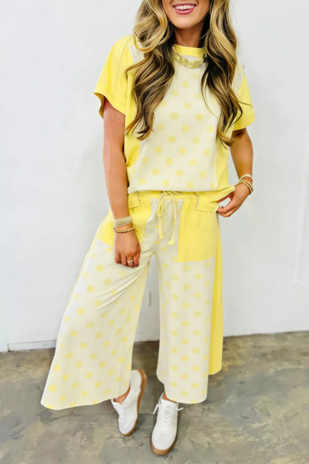Color Block Patchwork Polka Dot Top and Wide Leg Pant Set – The