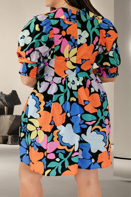 Plus Size Printed V-Neck Short Sleeve Mini Dress