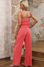 Layered Tie Shoulder Top and Wide Leg Pants Set