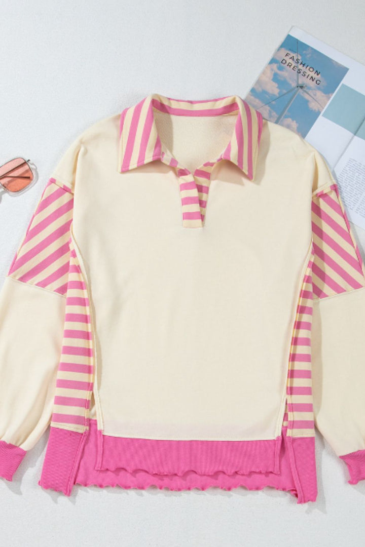 Striped Johnny Collar Long Sleeve Sweatshirt