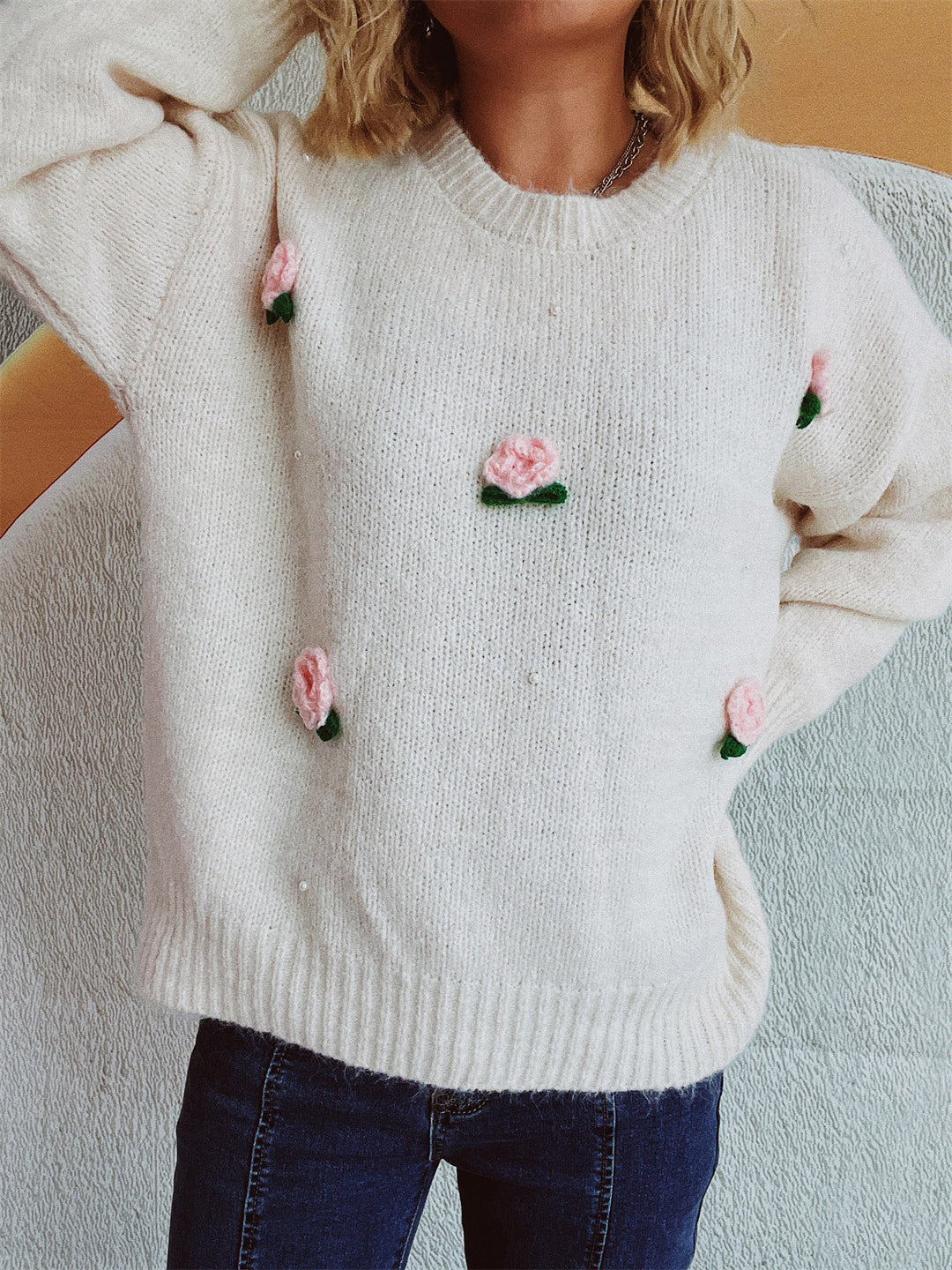 Flower Round Neck Long Sleeve Sweater