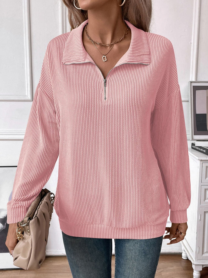 Double Take Striped Half Zip Long Sleeve T-Shirt