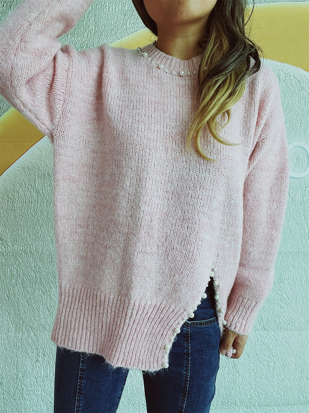 Slit Pearl Trim Round Neck Long Sleeve Sweater