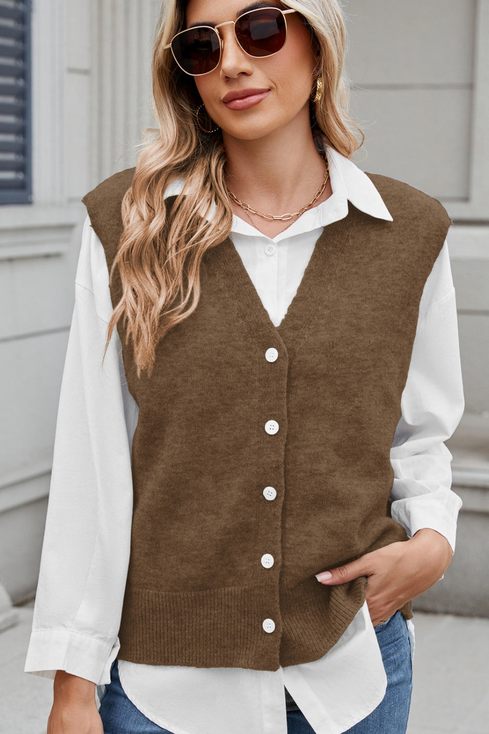 Button Down V-Neck Sweater Vest