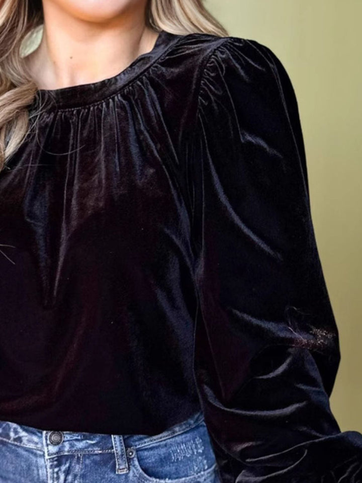 Ruched Round Neck Long Sleeve Blouse