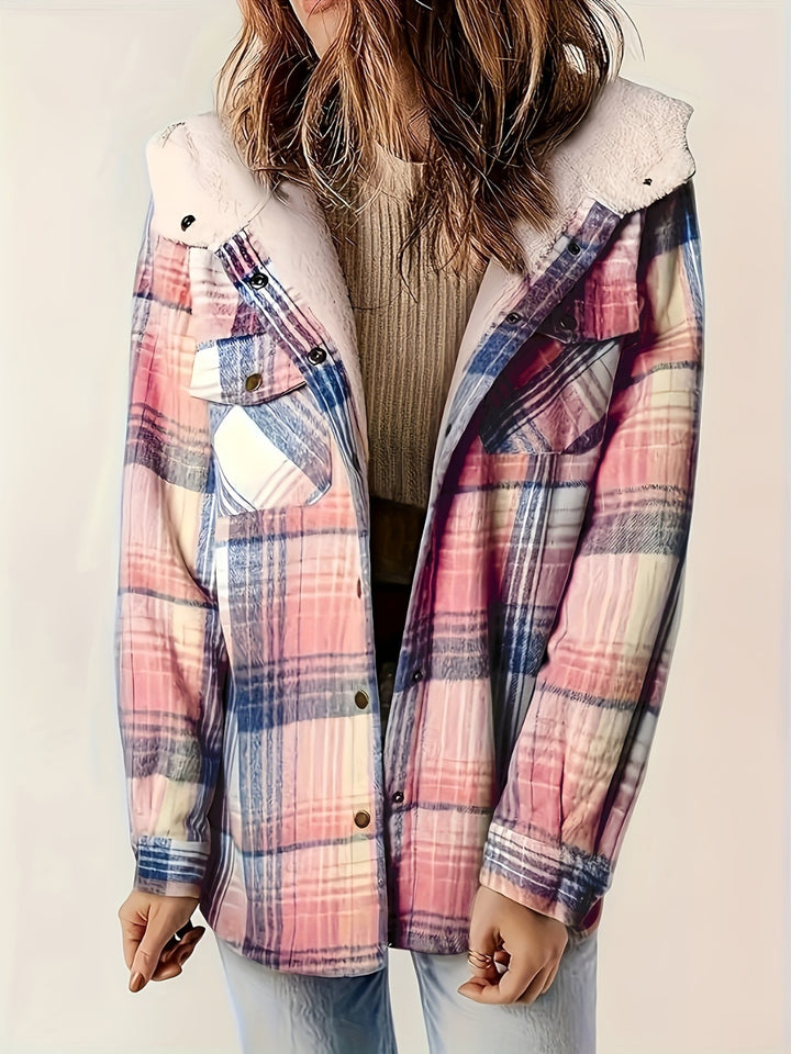 Plaid Snap Down Long Sleeve Hooded Outerwear