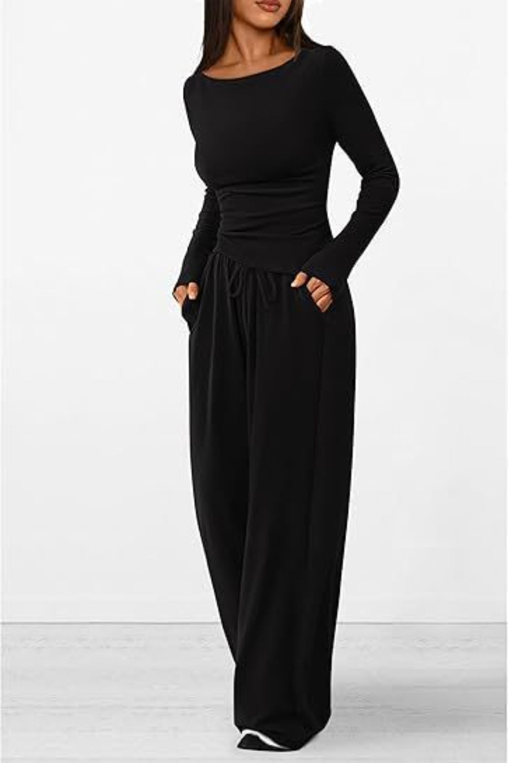 Round Neck Long Sleeve Top and Pants Set