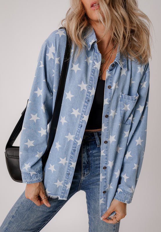 Raw Hem Star Collared Neck Denim Top