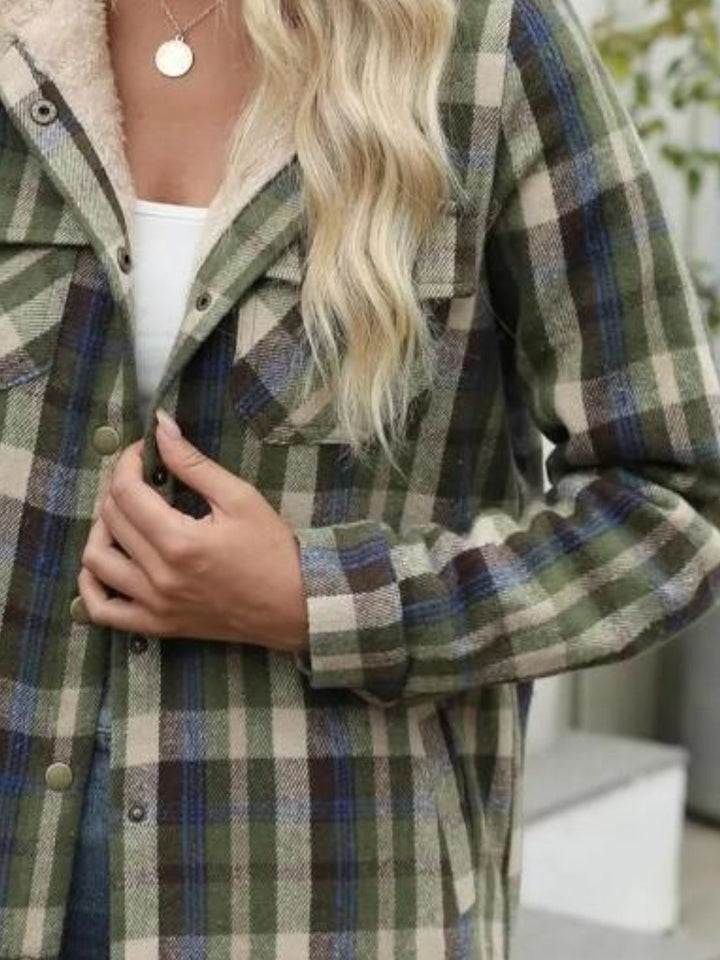 Plaid Snap Down Plush Hooded Jacket