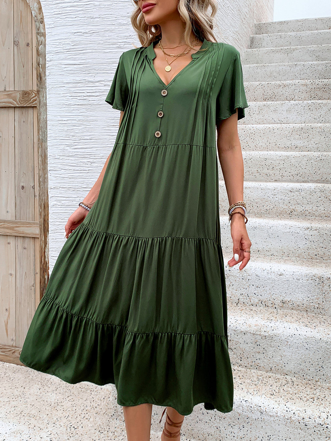 Tiered Notched Short Sleeve Midi Dress