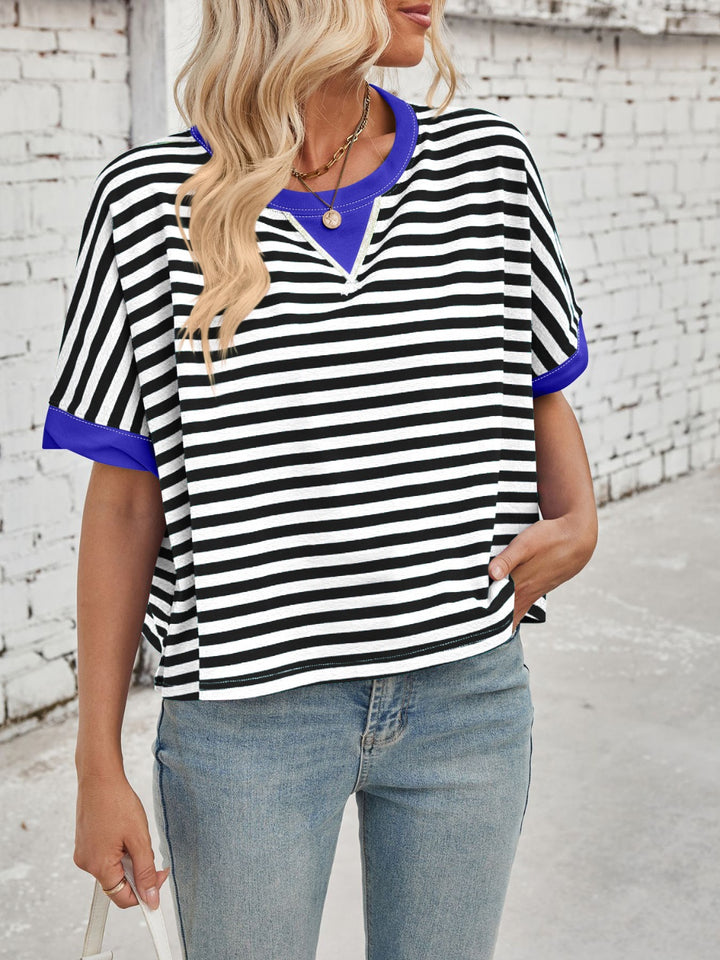 Lovelet Striped Round Neck Short Sleeve T-Shirt