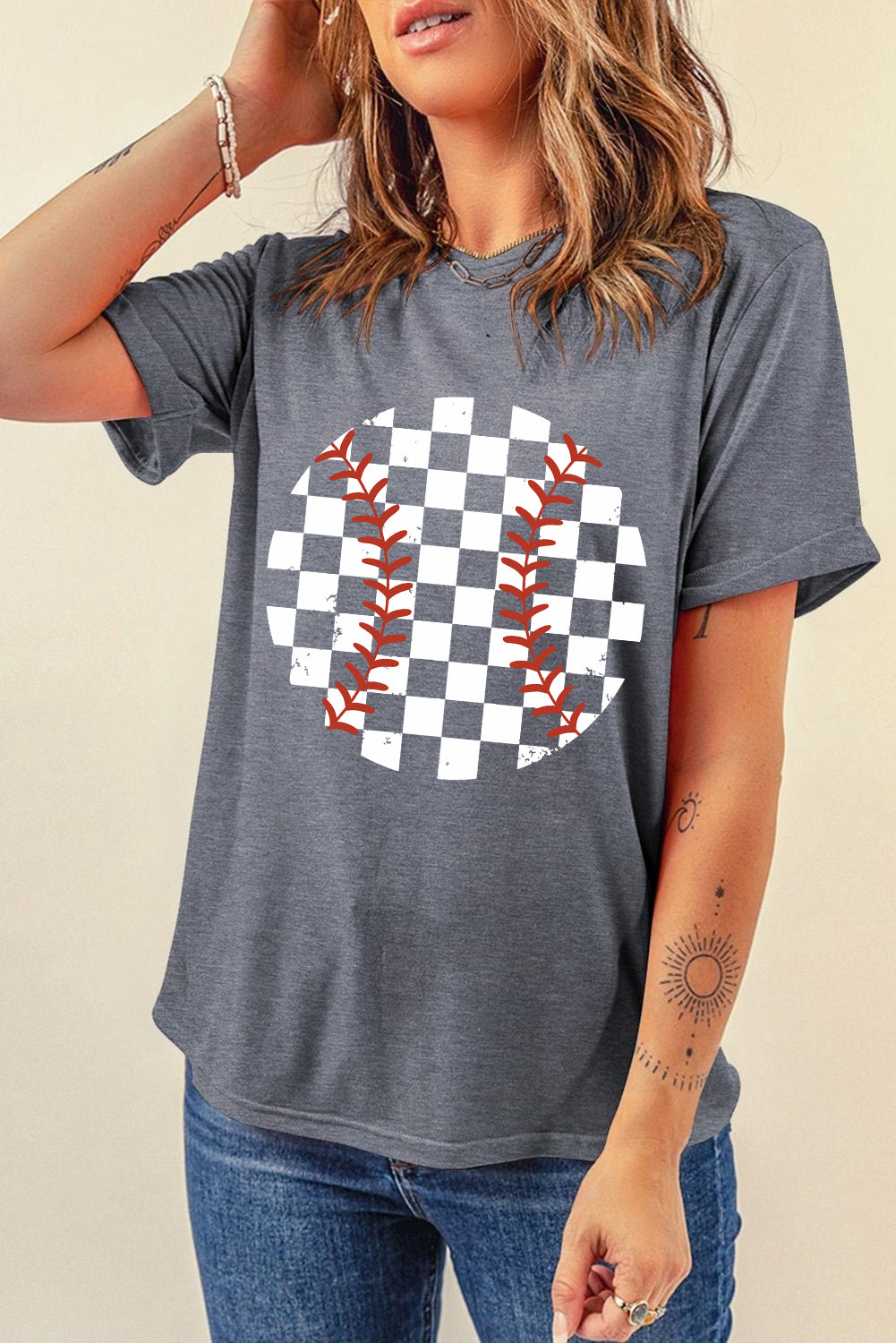 Checkered Graphic Round Neck Short Sleeve T-Shirt