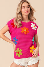 BiBi Flower Round Neck Cap Sleeve Knit Top