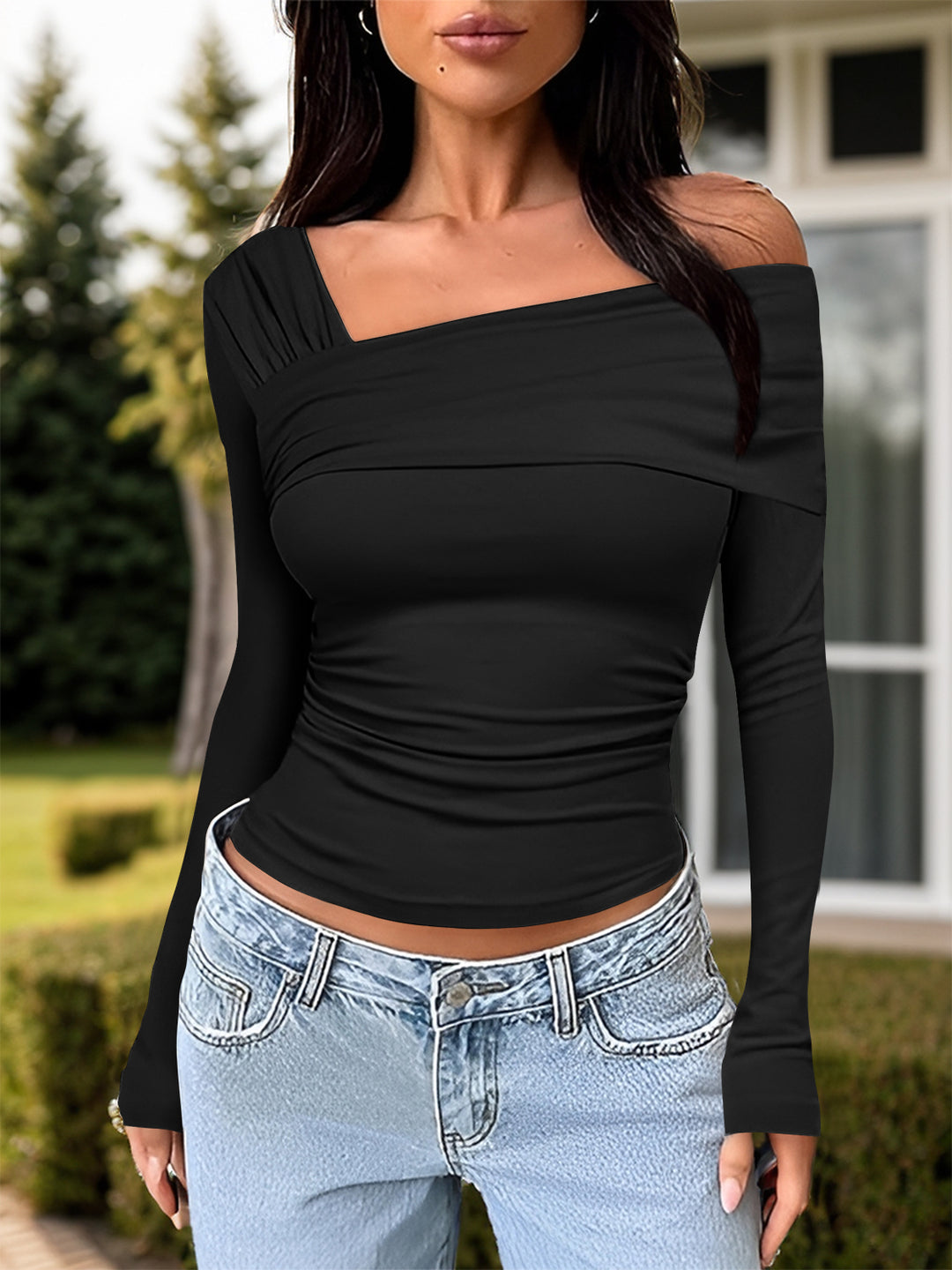 Ruched One Shoulder Long Sleeve T-Shirt