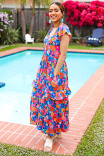 Follow Me Aqua Floral Print Square Neck Tiered Ruffle Maxi Dress