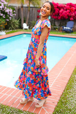 Follow Me Aqua Floral Print Square Neck Tiered Ruffle Maxi Dress