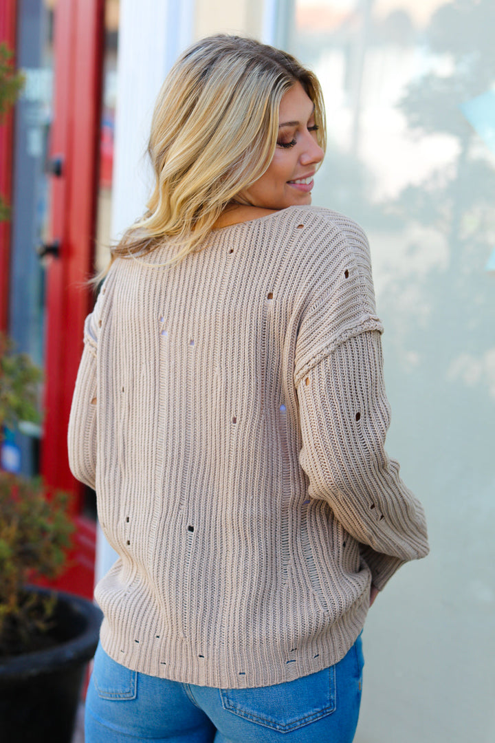 Dueling Dreams Taupe Distressed V Neck Sweater