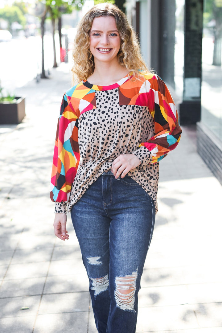 Rust & Khaki Geometric Animal Print Color Block Bubble Sleeve Top