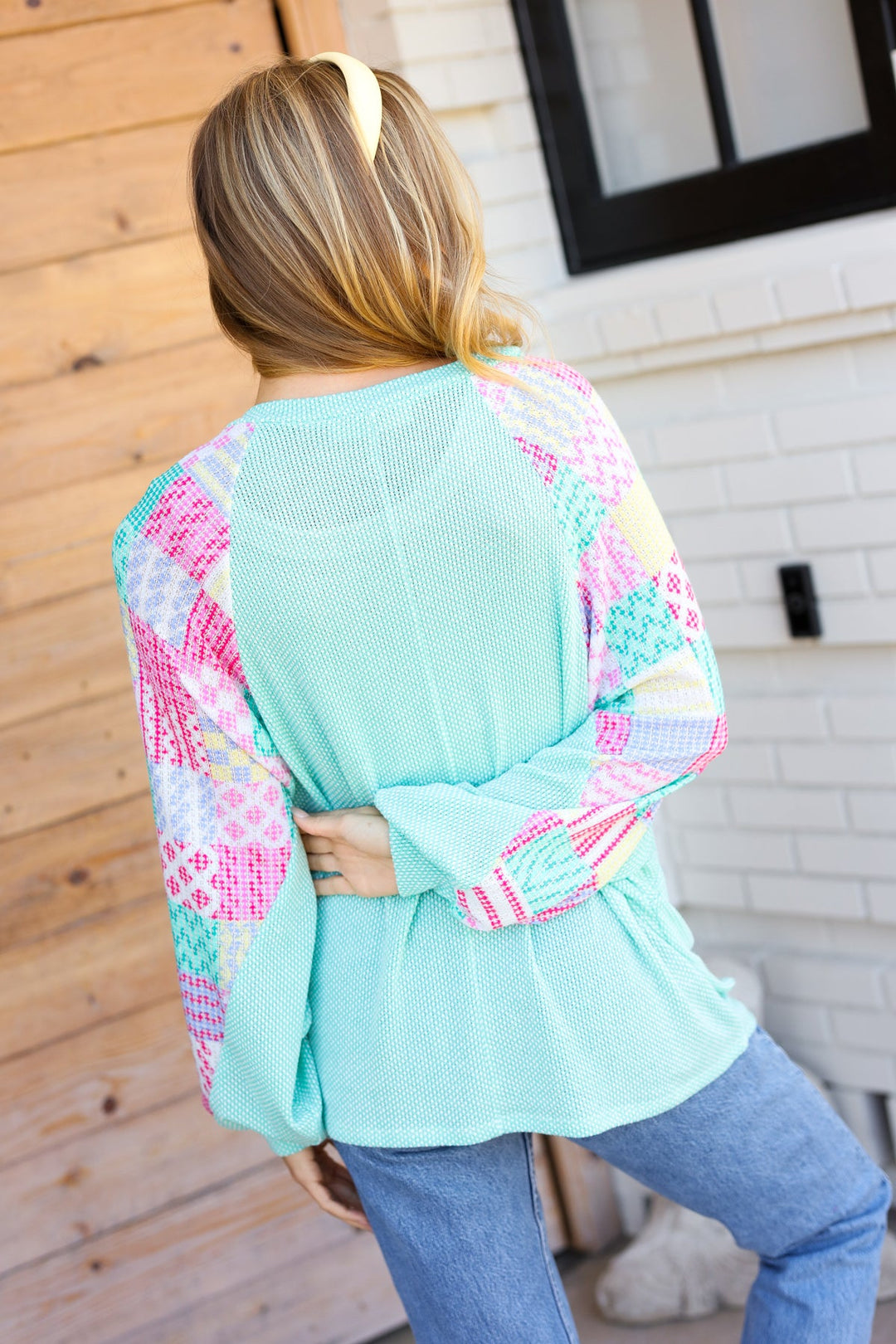 Always Fun Mint Patchwork Print Dolman V Neck Top