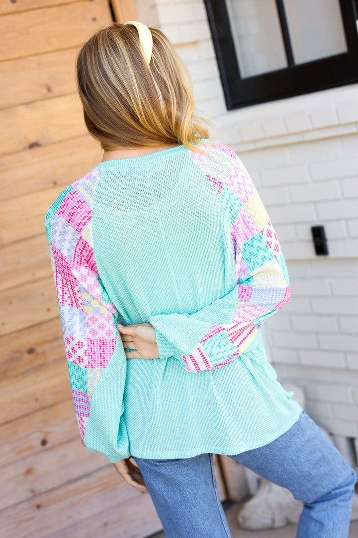 Always Fun Mint Patchwork Print Dolman V Neck Top