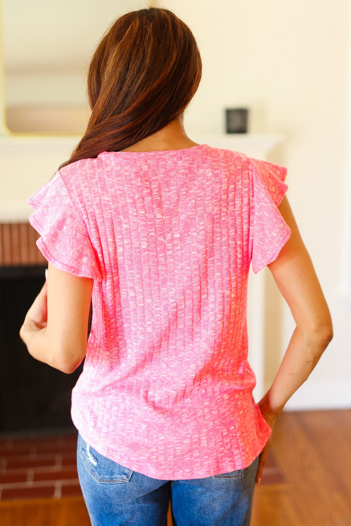 Hello Beautiful Pink Two-Tone Wide Rib Ruffle Sleeve Top