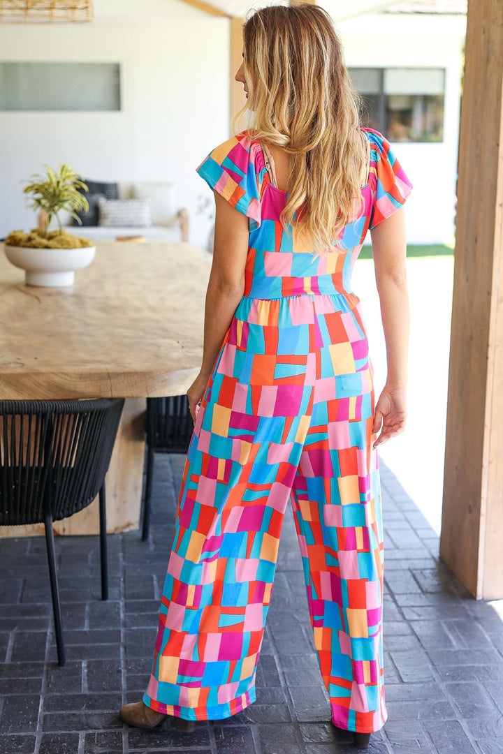 Scarlet & Aqua Geometric Print Wide Leg Jumpsuit