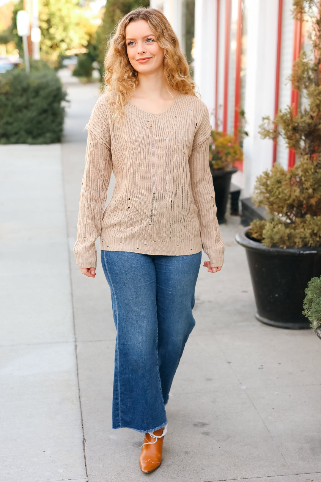 The Slouchy Taupe Distressed V Neck Sweater