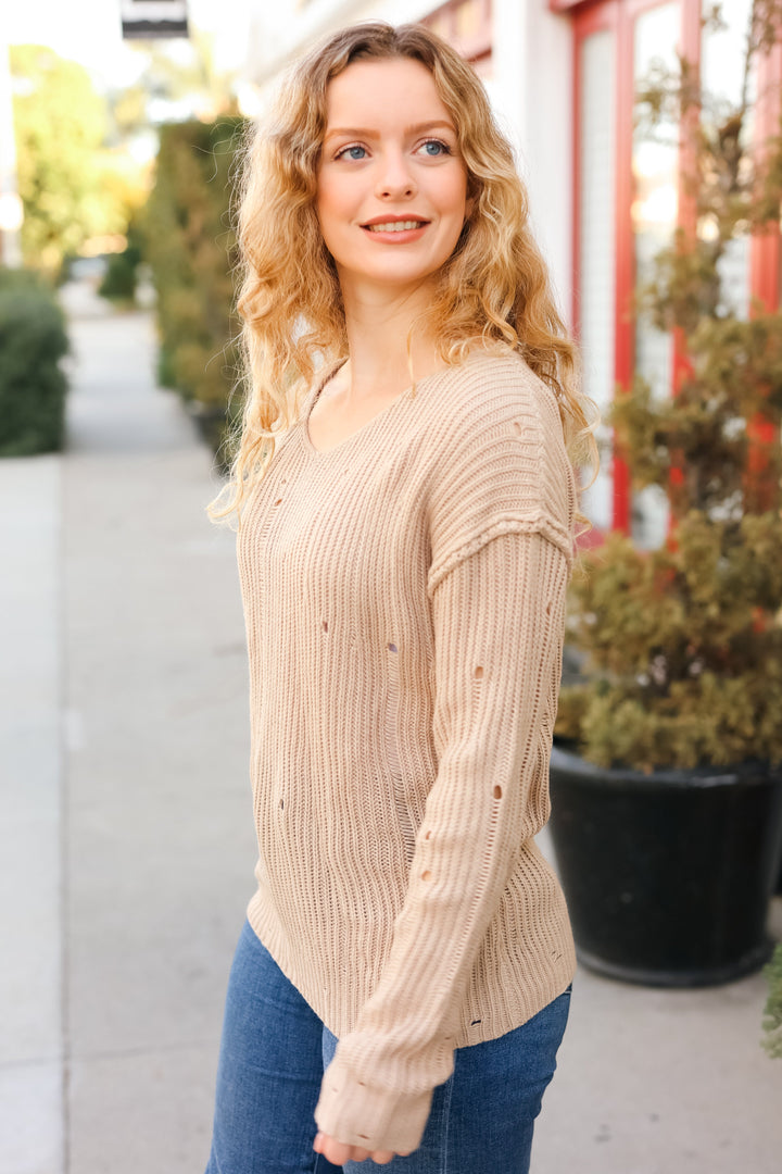 The Slouchy Taupe Distressed V Neck Sweater