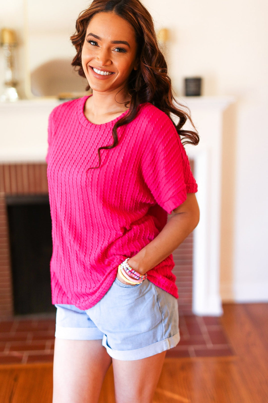 Be Your Best Fuchsia Cable Knit Dolman Short Sleeve Sweater Top