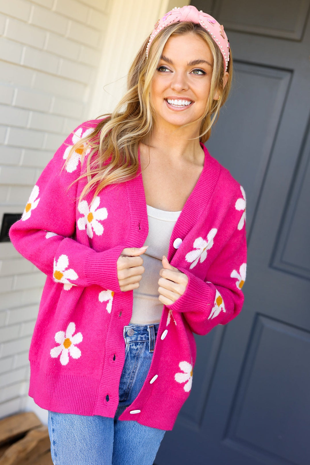 All For Love Fuchsia Daisy Print Button Down Knit Cardigan