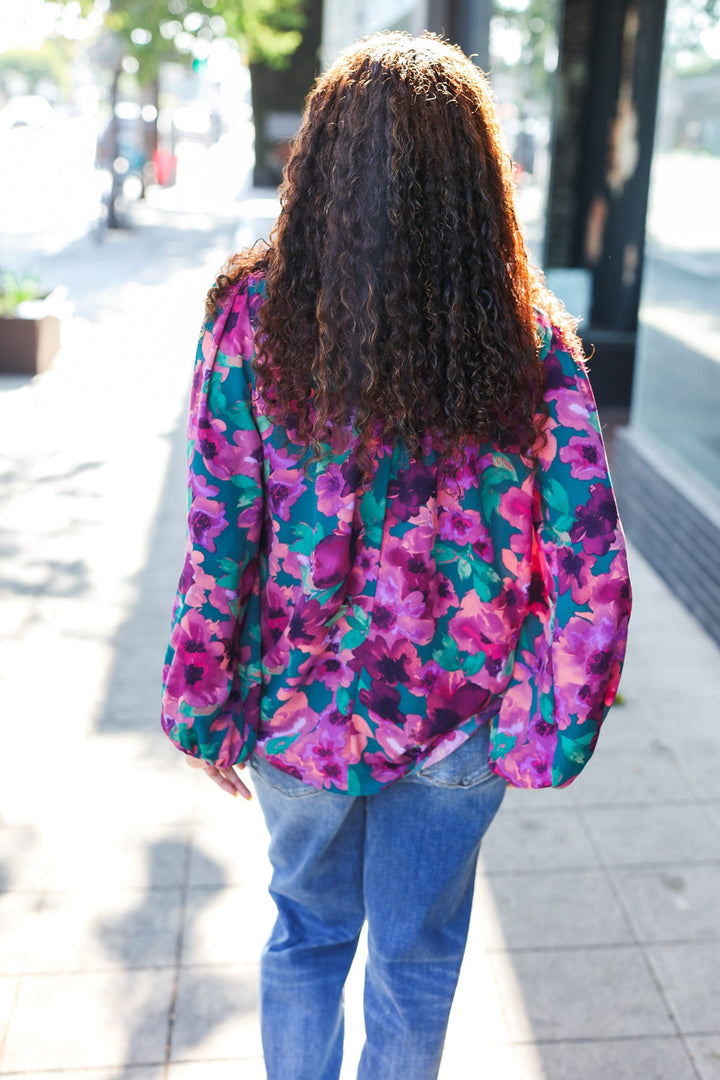 Beautiful You Hunter Green Watercolor Floral Print Notch Neck Top