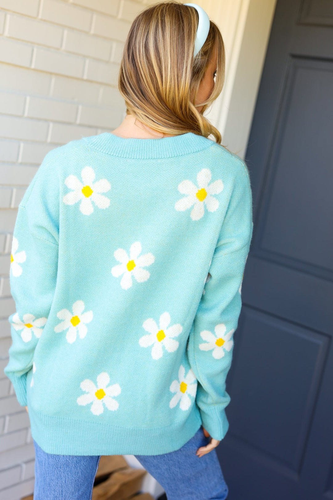 All For Love Mint Daisy Print Button Down Knit Cardigan