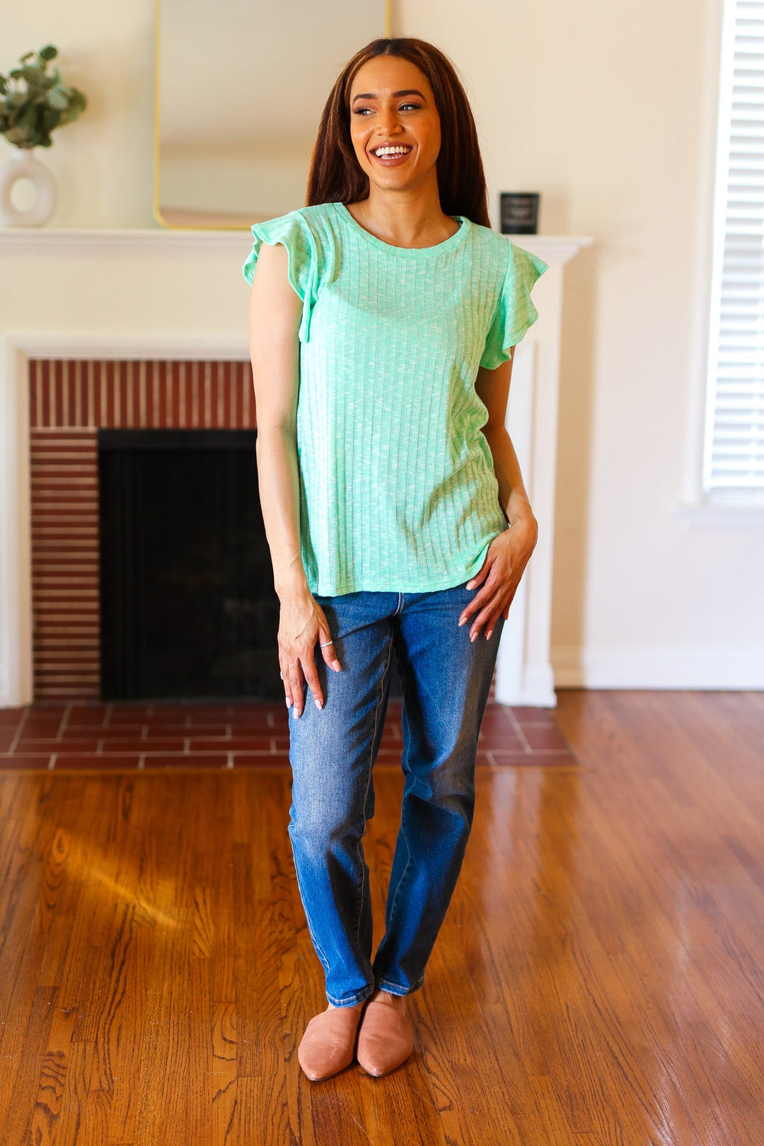 Hello Beautiful Mint Two-Tone Wide Rib Ruffle Sleeve Top