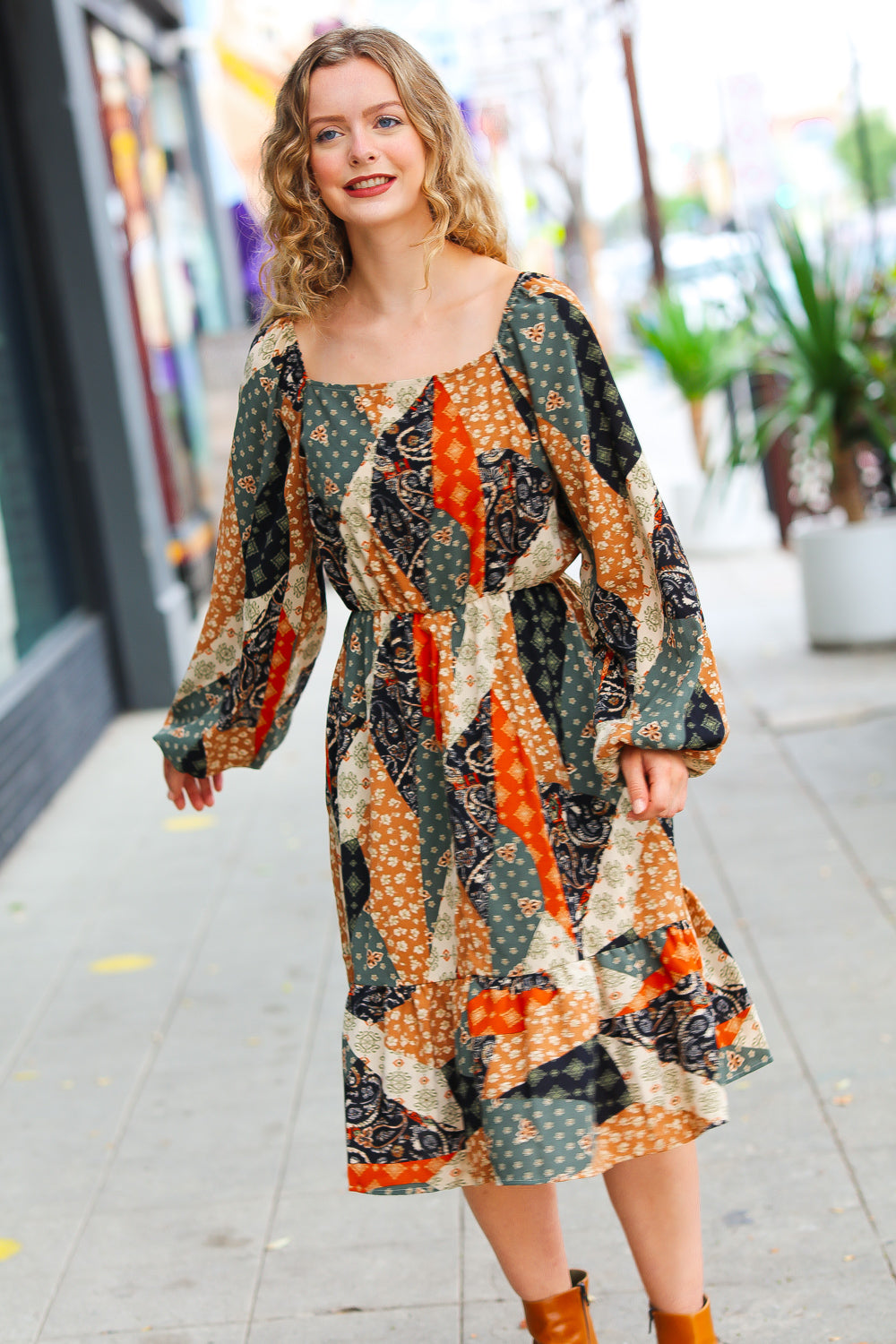 Feeling Bold Taupe & Chocolate Boho Patchwork Midi Dress