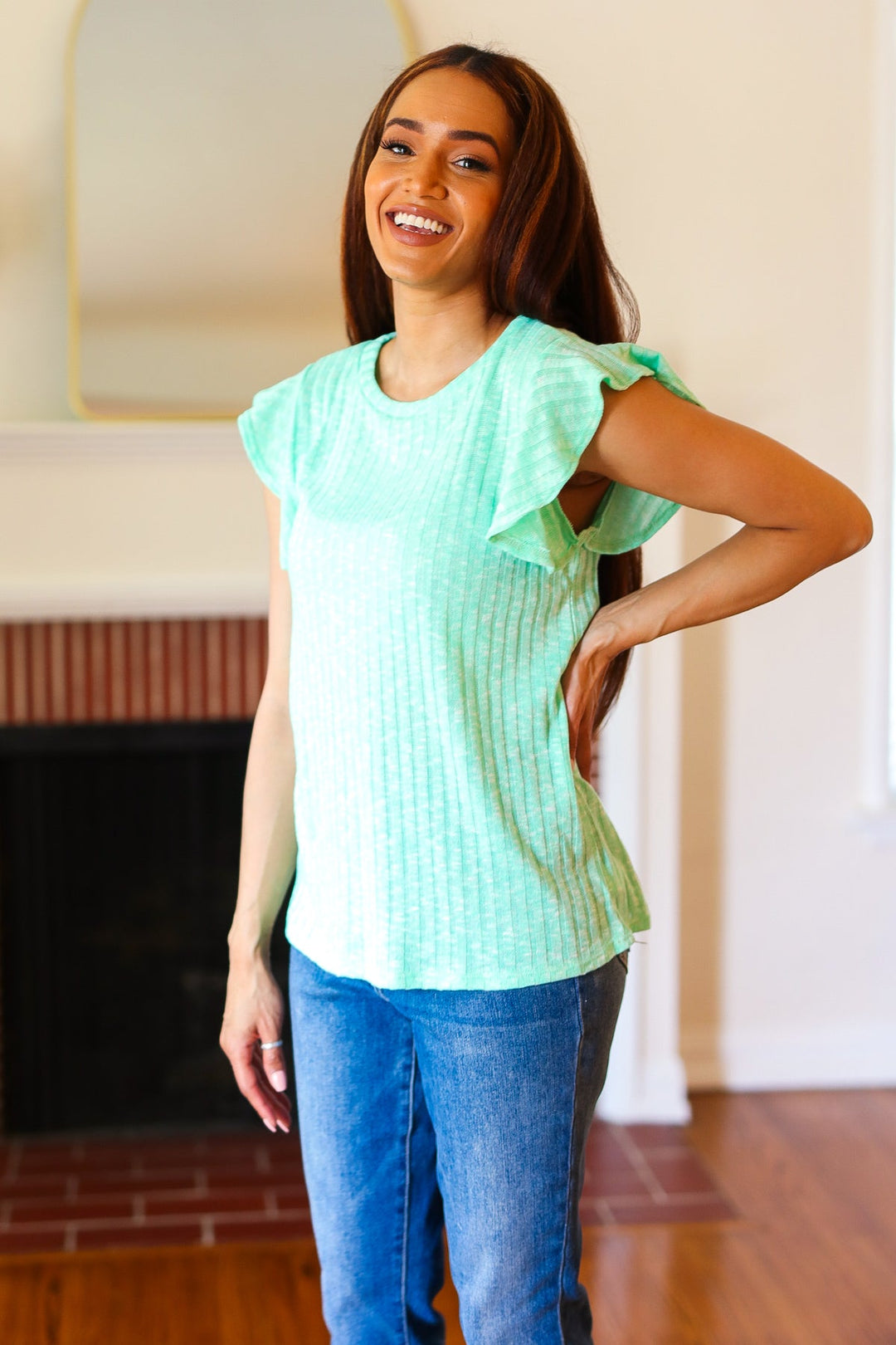 Hello Beautiful Mint Two-Tone Wide Rib Ruffle Sleeve Top