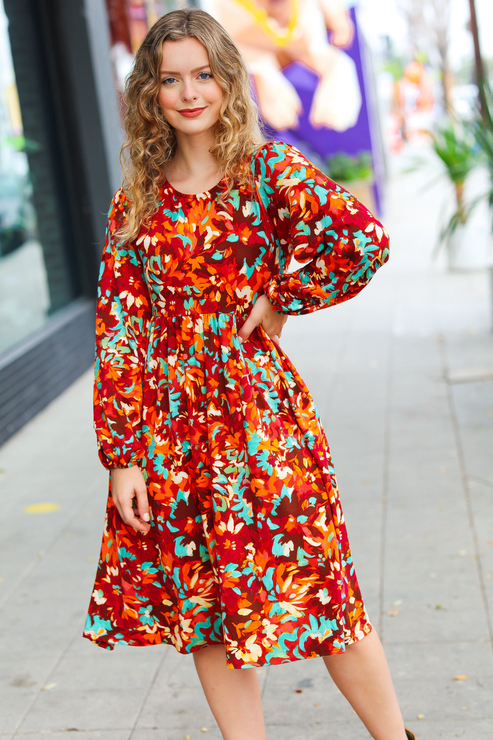 Date Night Ready Burgundy Rust/Jade Floral Print Midi Dress