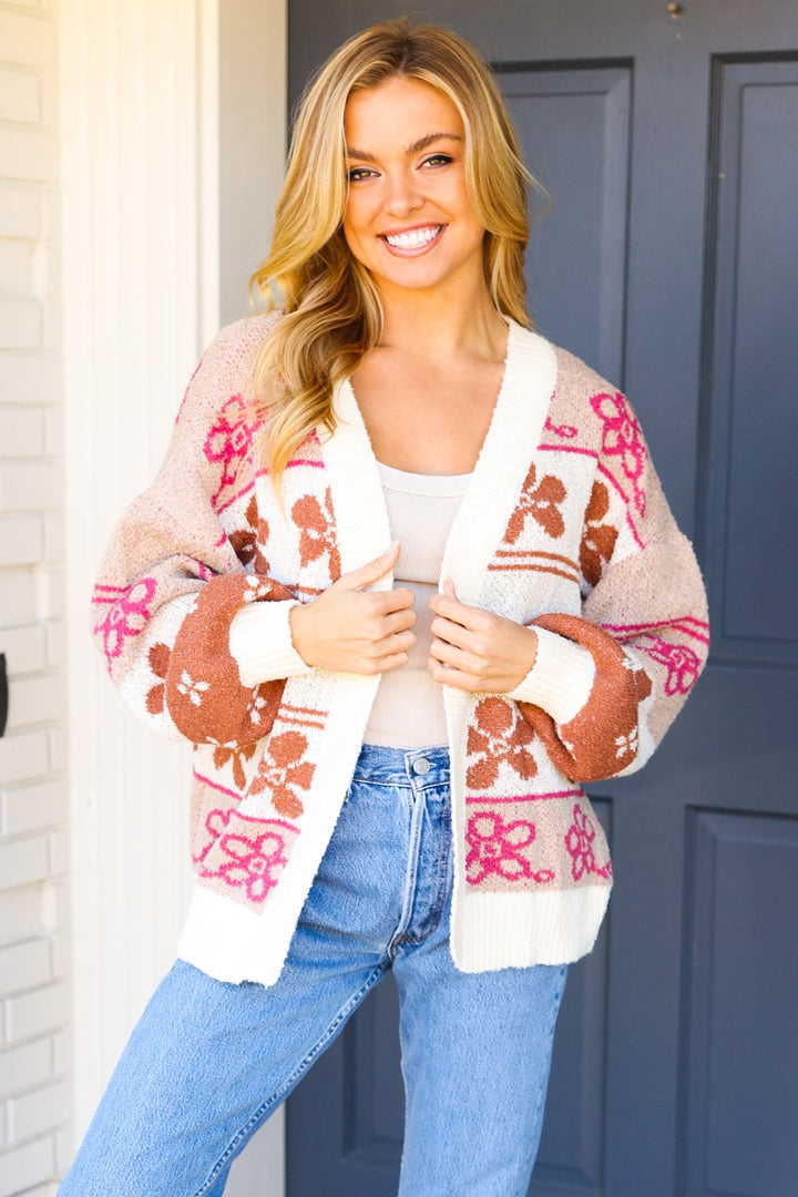 Take on The Day Ivory Floral Stripe Open Cardigan