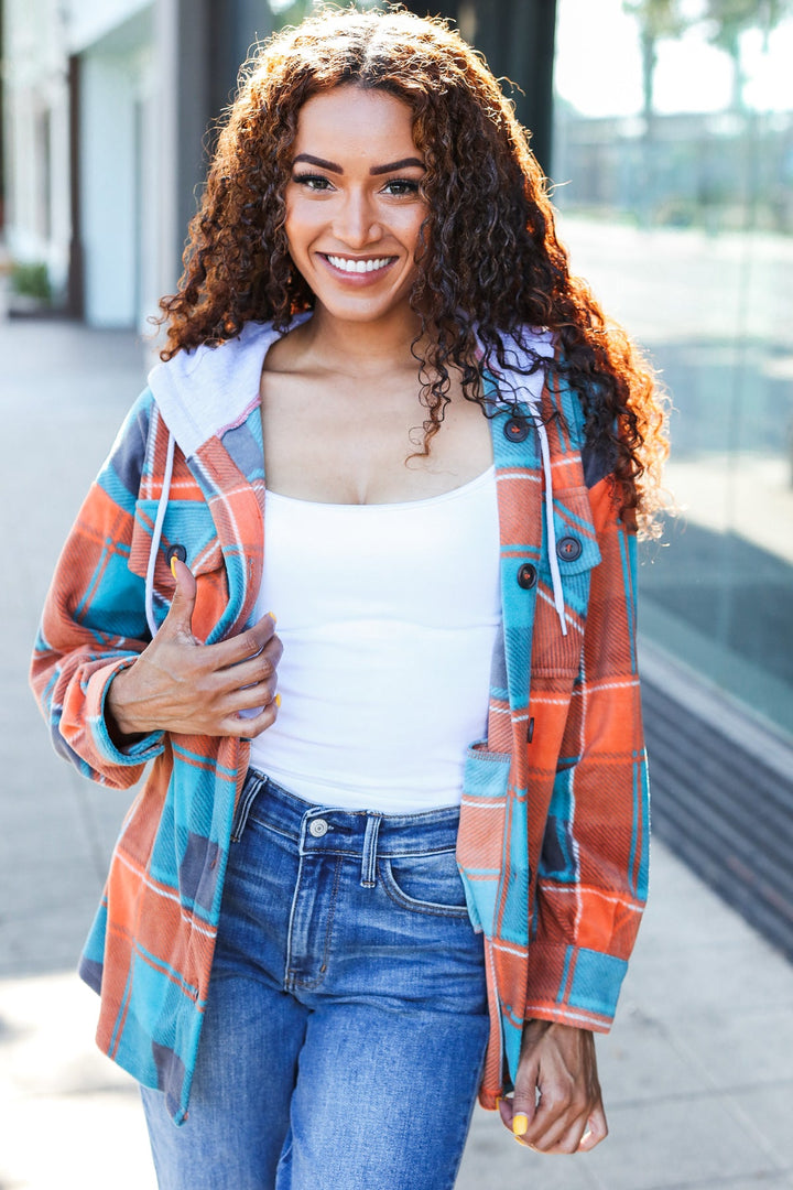 Stand Out Teal & Orange Plaid Fleece Hoodie Shacket