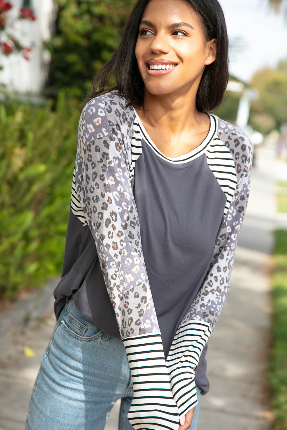 Slate Terry Leopard Patchwork Stripe Raglan Top