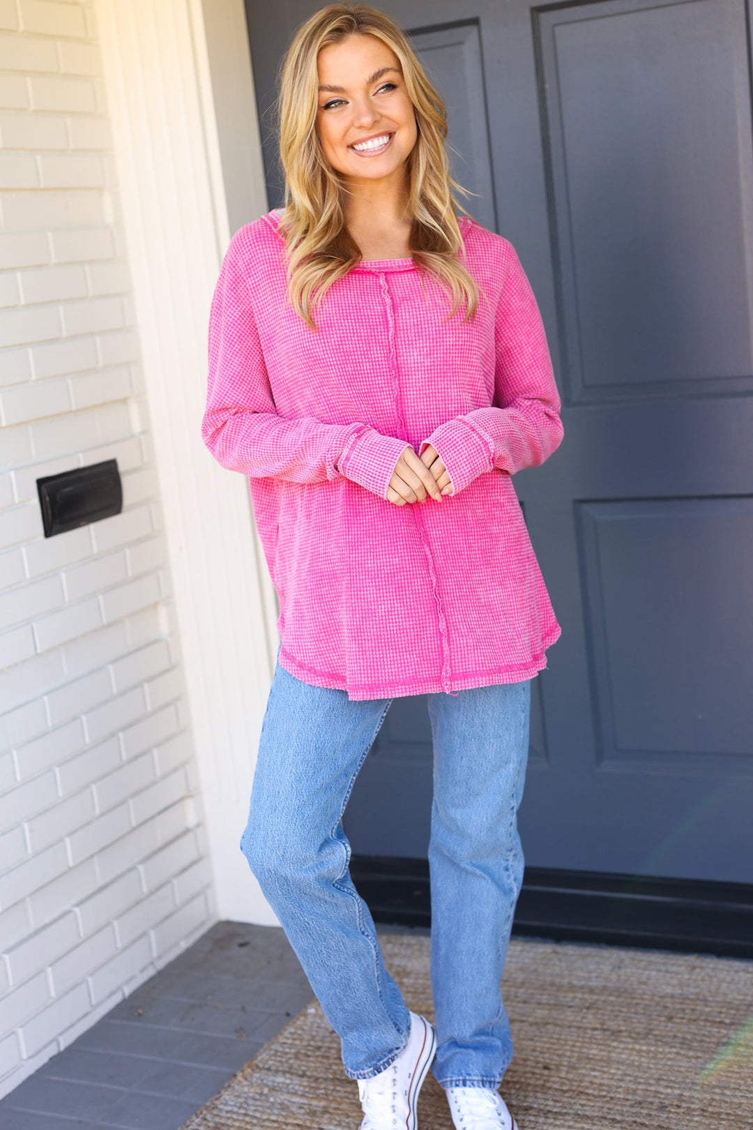 Lean on Me Fuchsia Mineral Wash Waffle Oversized Top