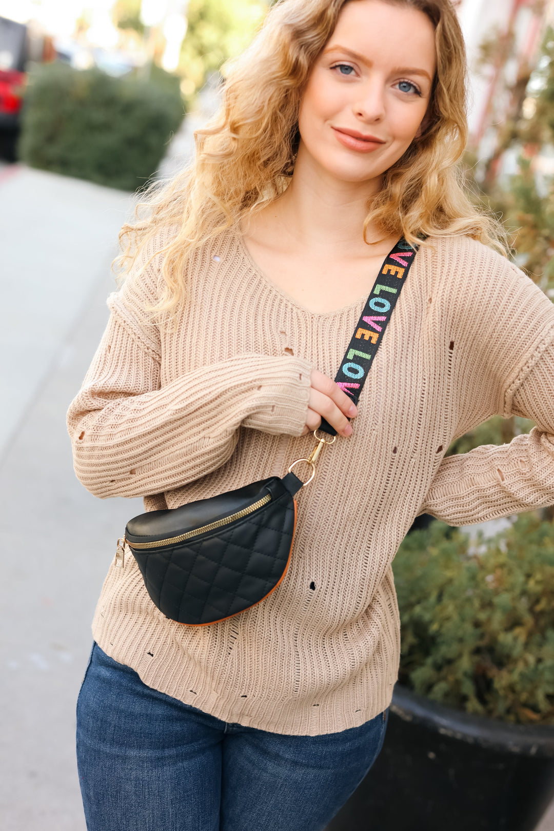 Black Quilted "LOVE" Strap Crossbody Sling Bag