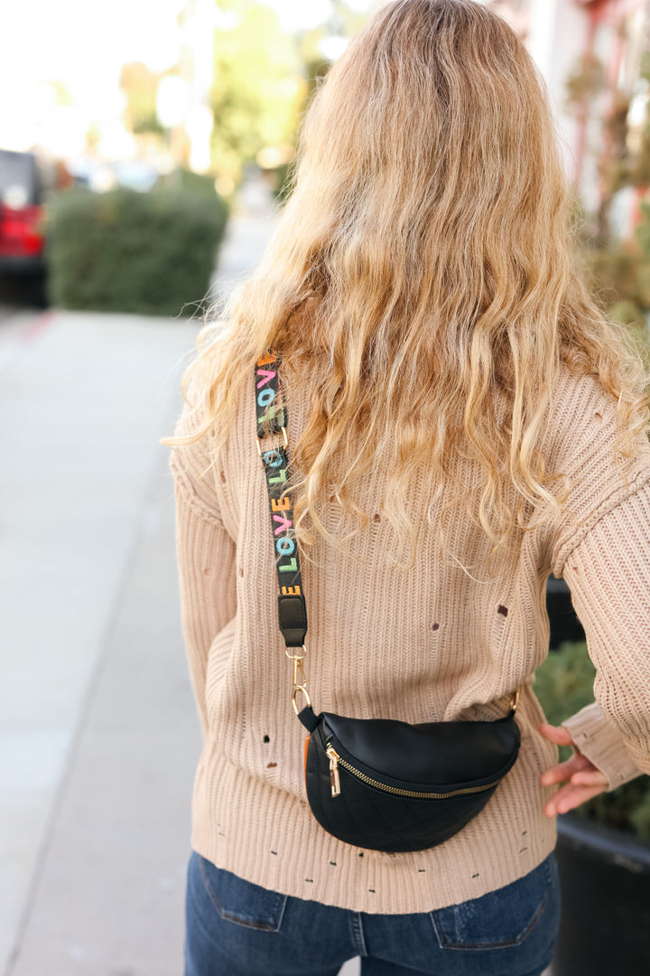 Black Quilted "LOVE" Strap Crossbody Sling Bag