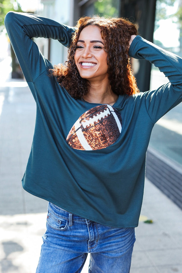 Game Day Forest Green Sequin Football Patch Terry Top