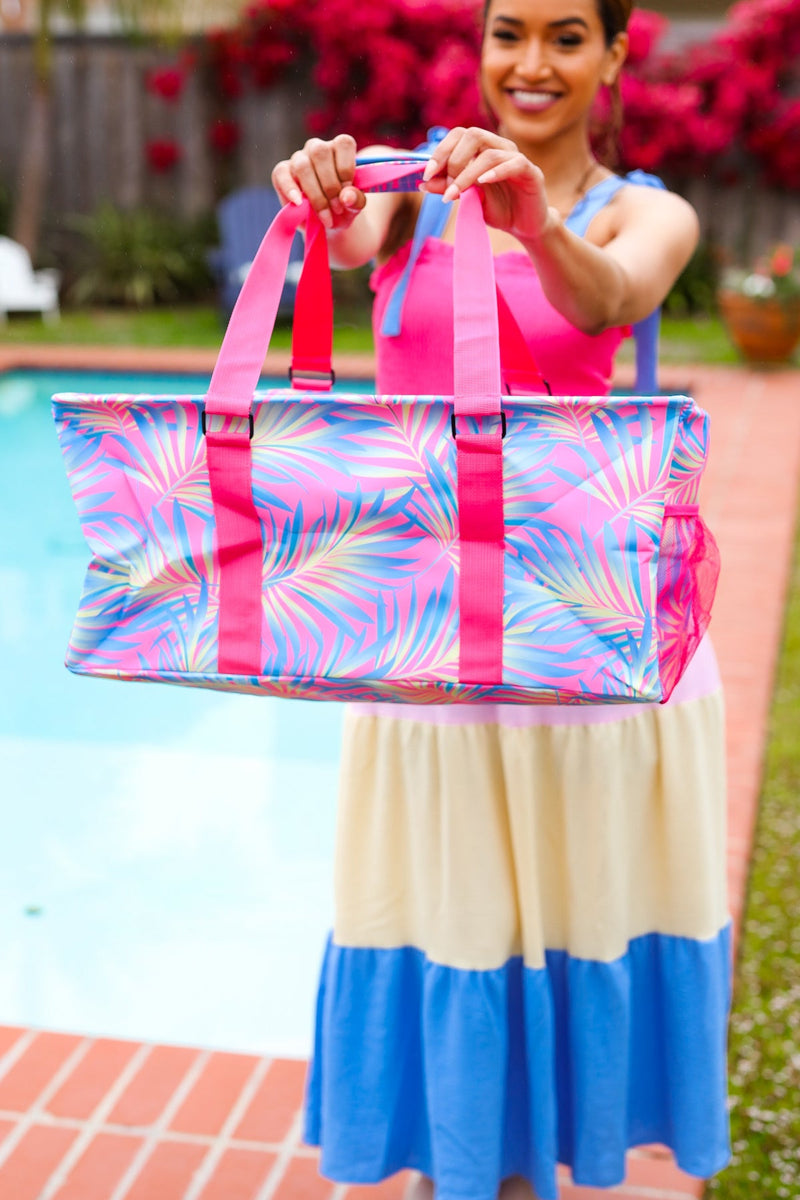 Pink & Blue Tropical Print Collapsible Canvas Strap Tote