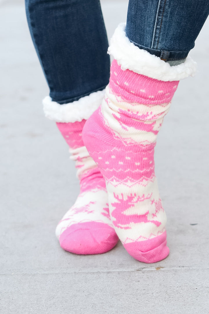 Hot Pink Reindeer Sherpa Traction Bottom Slipper Socks