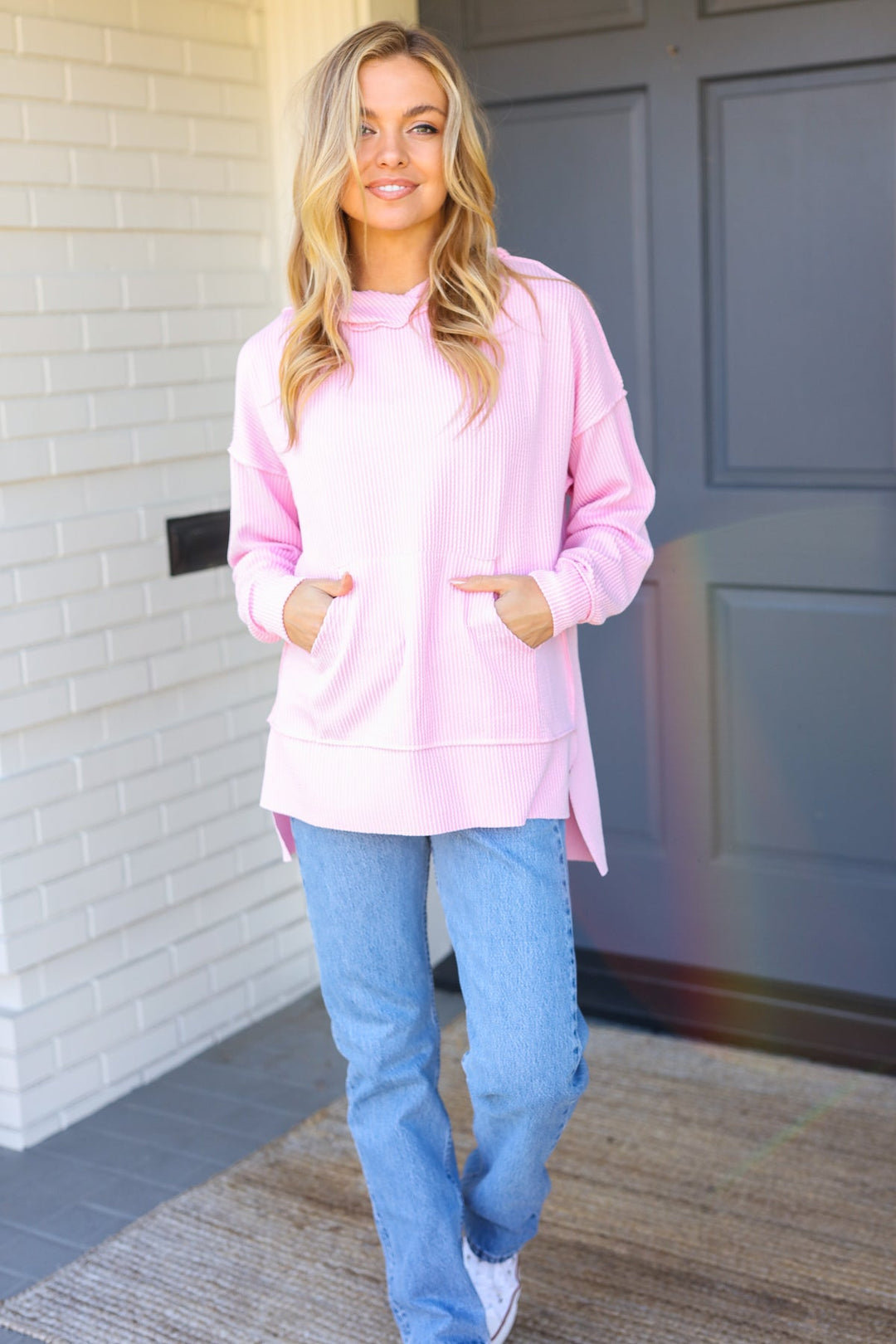 Weekend Ready Pink Mineral Wash Rib Knit Hoodie