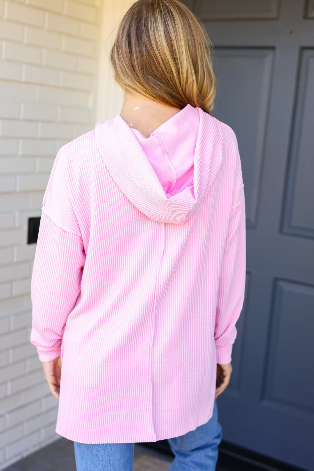 Weekend Ready Pink Mineral Wash Rib Knit Hoodie