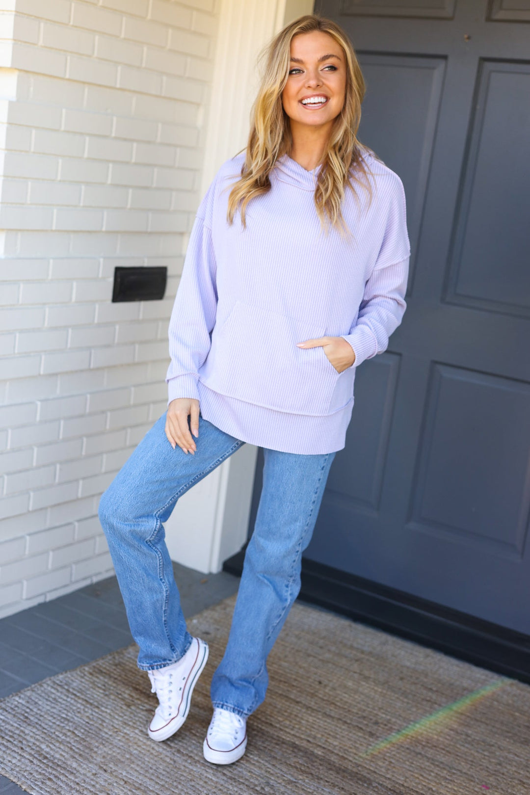 Weekend Ready Lavender Mineral Wash Rib Knit Hoodie