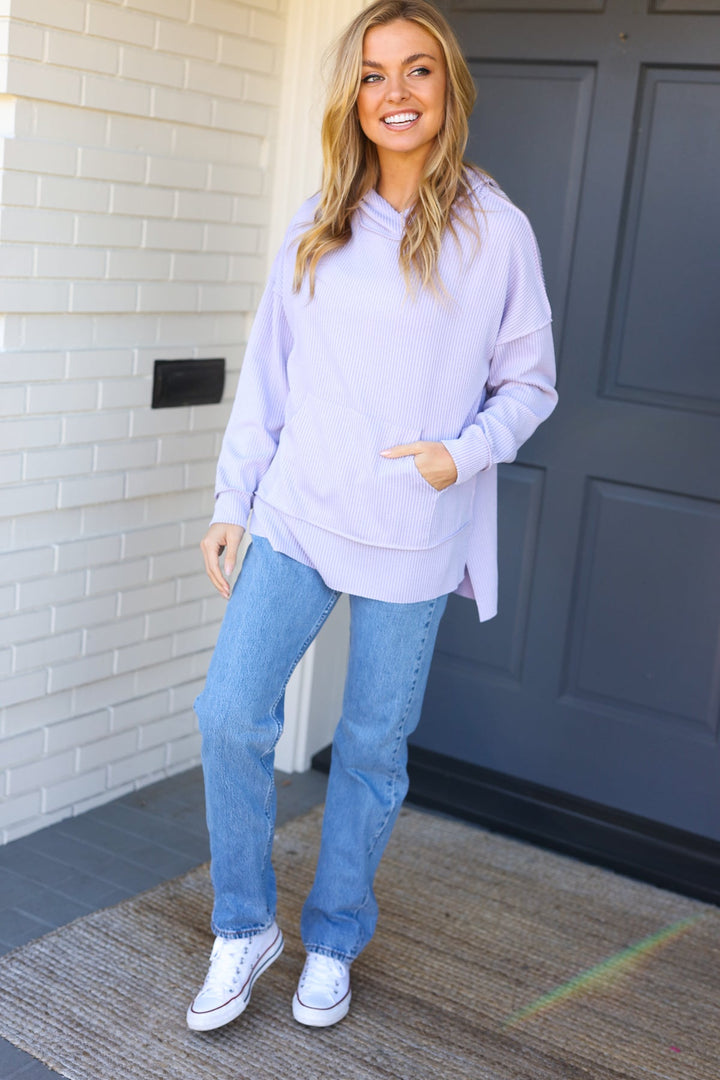 Weekend Ready Lavender Mineral Wash Rib Knit Hoodie