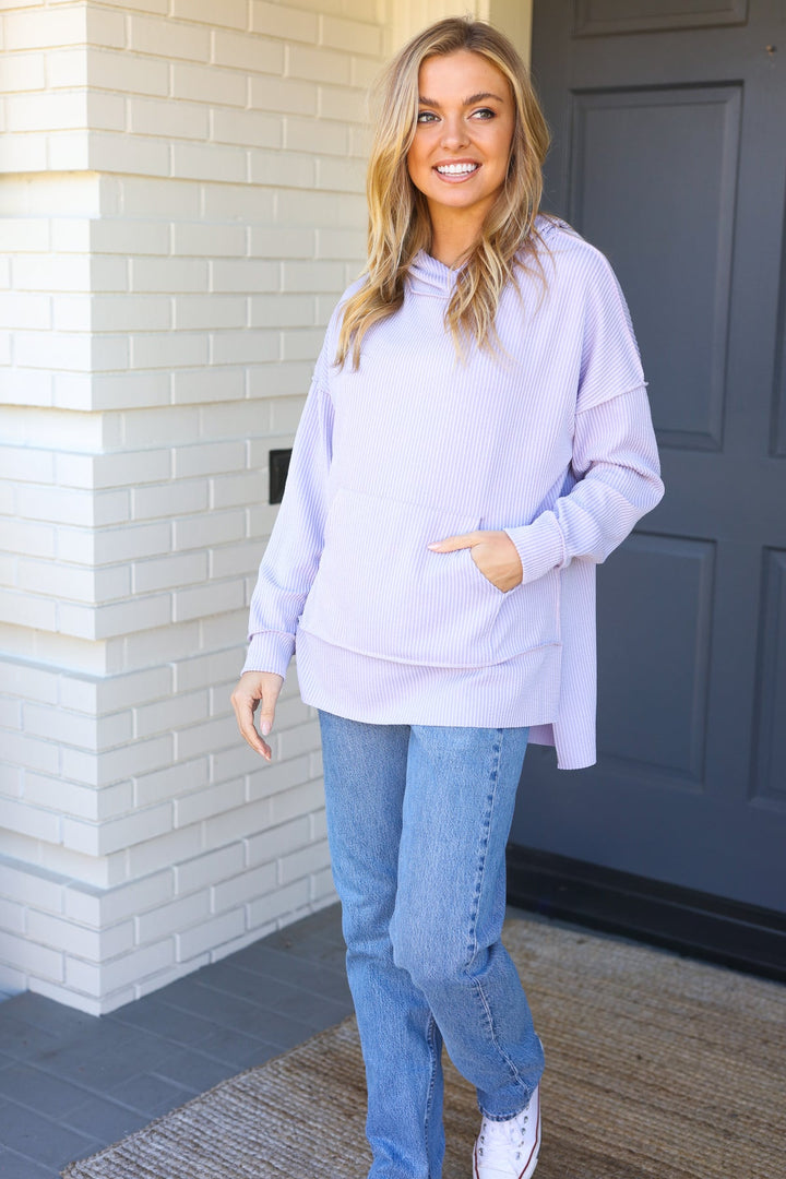 Weekend Ready Lavender Mineral Wash Rib Knit Hoodie